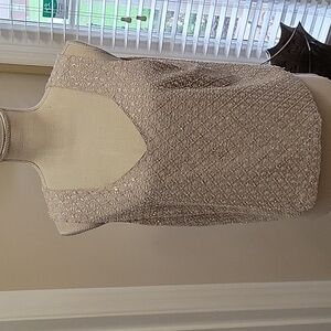 Zelda gray 100% silk sleeveless top with white bugle beads sequins Vneck 12 EUC…